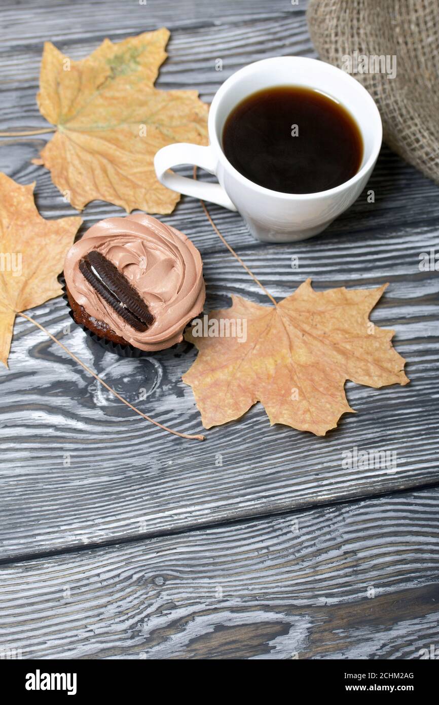 Cupcake al cioccolato con crema di formaggio. Nelle vicinanze si trova una tazza di caffè e foglie di acero essiccate. Su tavole di pino verniciate in bianco e nero. Foto Stock