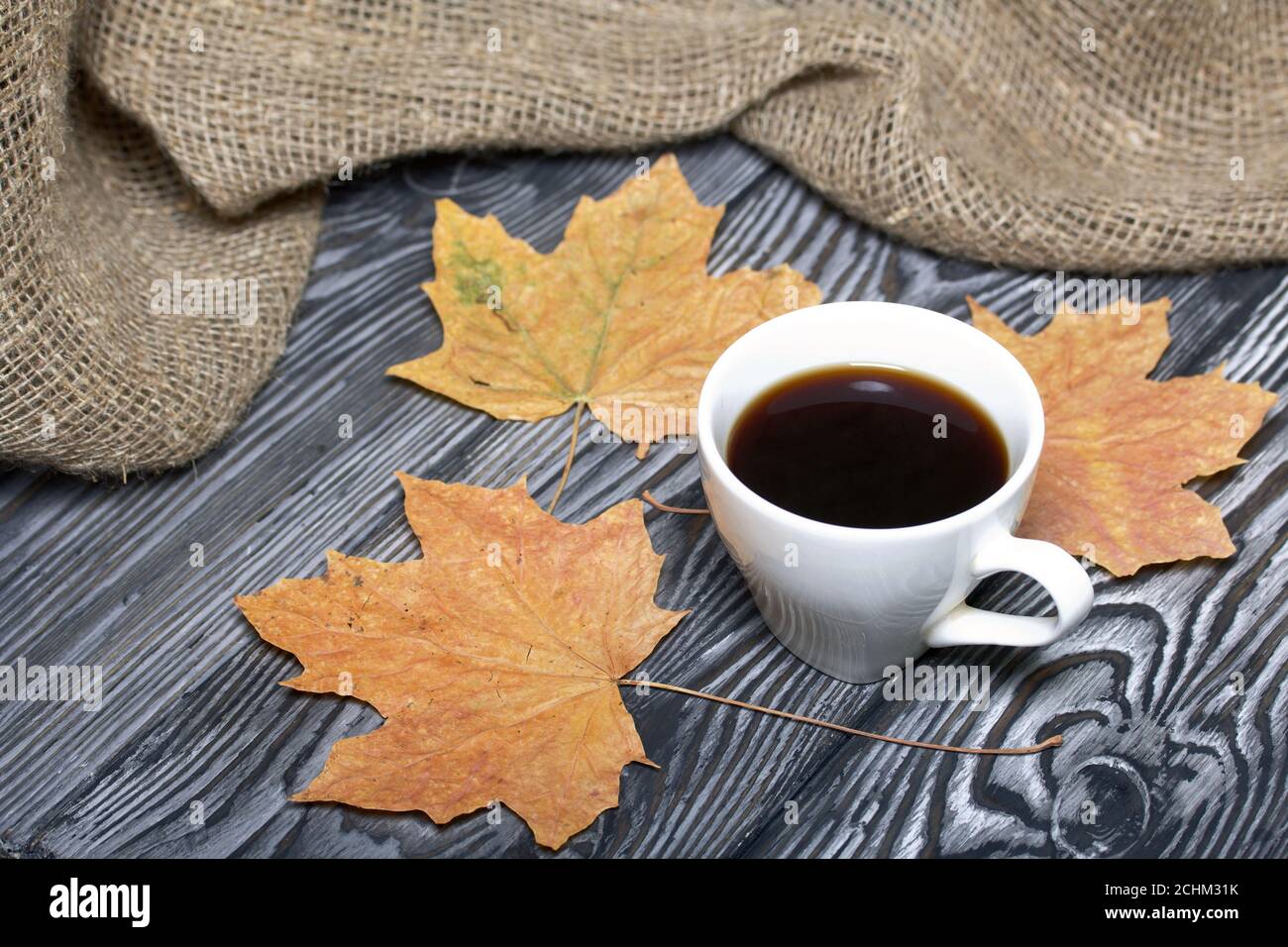 Una tazza di caffè tra foglie di acero secche. Su tavole di pino verniciate in bianco e nero. Nelle vicinanze si trova un panno di lino ruvido. Foto Stock
