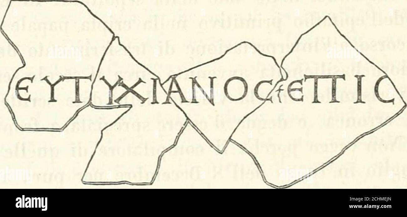 . I Eutichiano, noi igno-riamo, se gli fu dato sulla pietra sepolcrale il titolo MAPTTP. San Cipriano lapellabealissimum marlìjreni (i); il libro pontificio lo dice decapitato sotto Valcriano (2),data storica generale rifiutata e attribuita punto allimpero di Gallo. Il Tillemontcredette piiì verisimile riputarlo muto in esilio od in carcere, che di vero e perfettomartirio (3). La ragione di questa sentenza, secondo che ho spiegato nei proletomeni, non è decisiva; ed anche ilMiinler Foto Stock