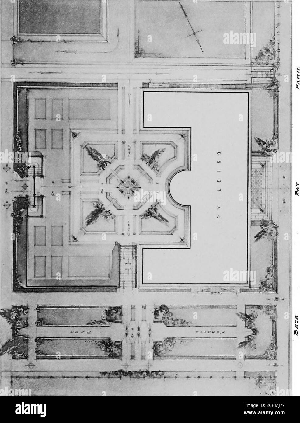 . Piani tentativi dell'infermeria dentale Forsyth da stabilire in memoria di James Bennett Forsyth e George Henry Forsyth. EFenway dalla fine di Bryant Street e sarà conosciuto asForsyth Park. L'edificio occuperà la parte centrale del resto della facciata di Fenway. Con le sue ali racchiuderà un sunkengarden. Meno di metà dello spazio disponibile per l'edificazione sarà coperto dalla struttura proposta, e sarà possibile avere la possibilità di espansione sia allungando una o entrambe le ali, sia racchiudendo bycompletamente il quadrato, qualora le future richieste lo richiedano. L'edificio lo farà Foto Stock