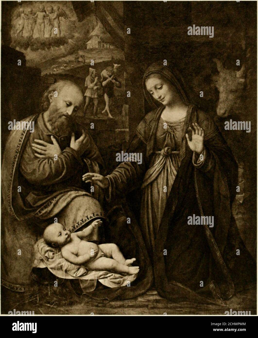 . Un catalogo delle immagini e dei disegni della mostra National Loan, in aiuto dei fondi della National Gallery, tenutasi alla Grafton Galleries, Londra (1909-1910) . 61LUINI: 1475 (?)-1532 (?) PRESEPE Milanese Schoolthé LA Madonna si inginocchia a destra, San Giuseppe a sinistra; botare in adorazione del Salvatore Infante, che giace al centro. Dietro a destra si trova la stalla; A sinistra un paesaggio con la visione dei pastori, due dei quali si vedono avvicinarsi.Figure a grandezza naturale. IV. 50^ poll. X 42 poll. (1.282 x 1.066). Berenson : Pittori del Rinascimento del Nord Italia, 1907, p. Foto Stock