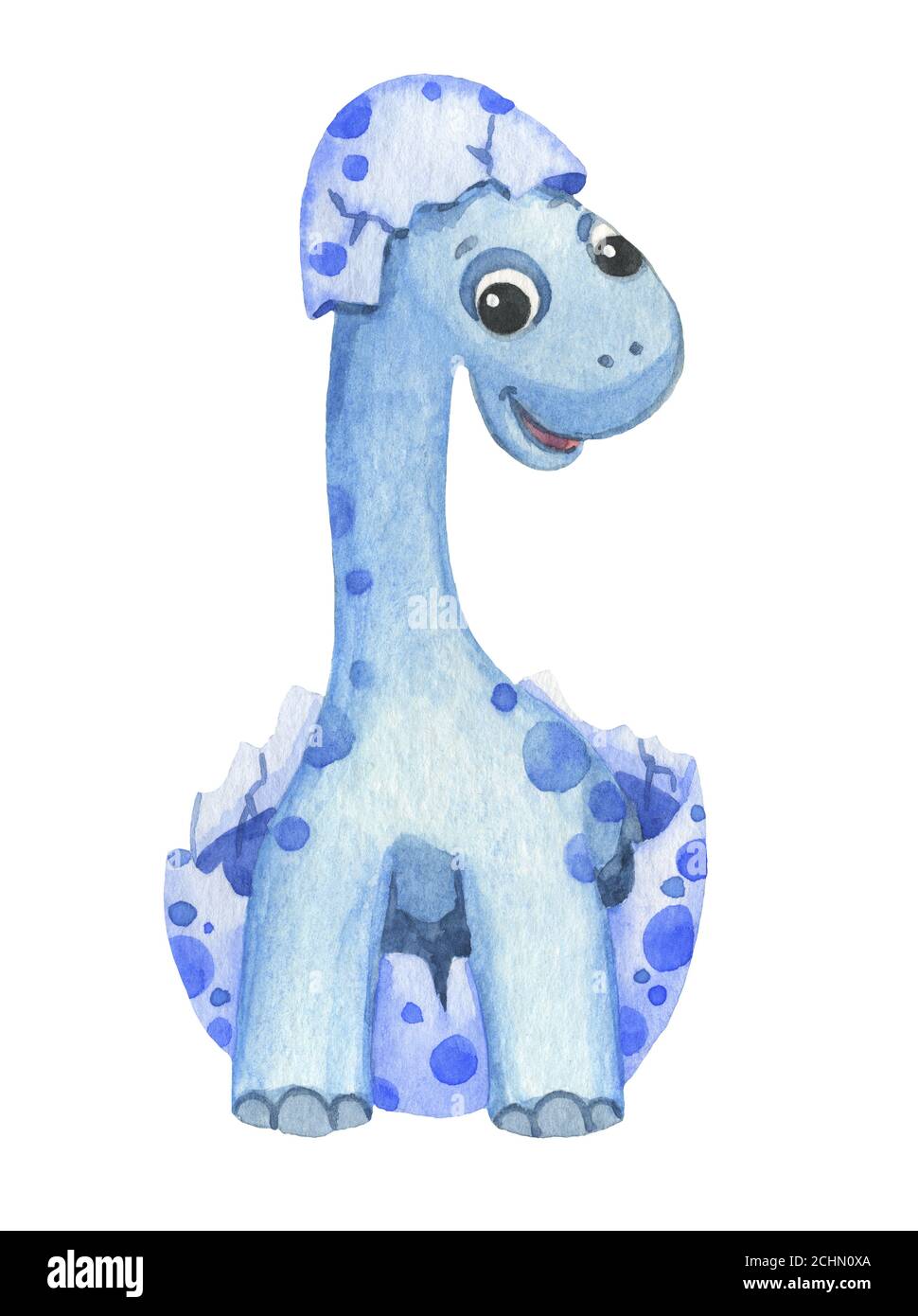 Carino dinosauro blu cartoon dipinto in acquerello isolato su sfondo bianco. Fantastico adesivo per animali preistorici Foto Stock