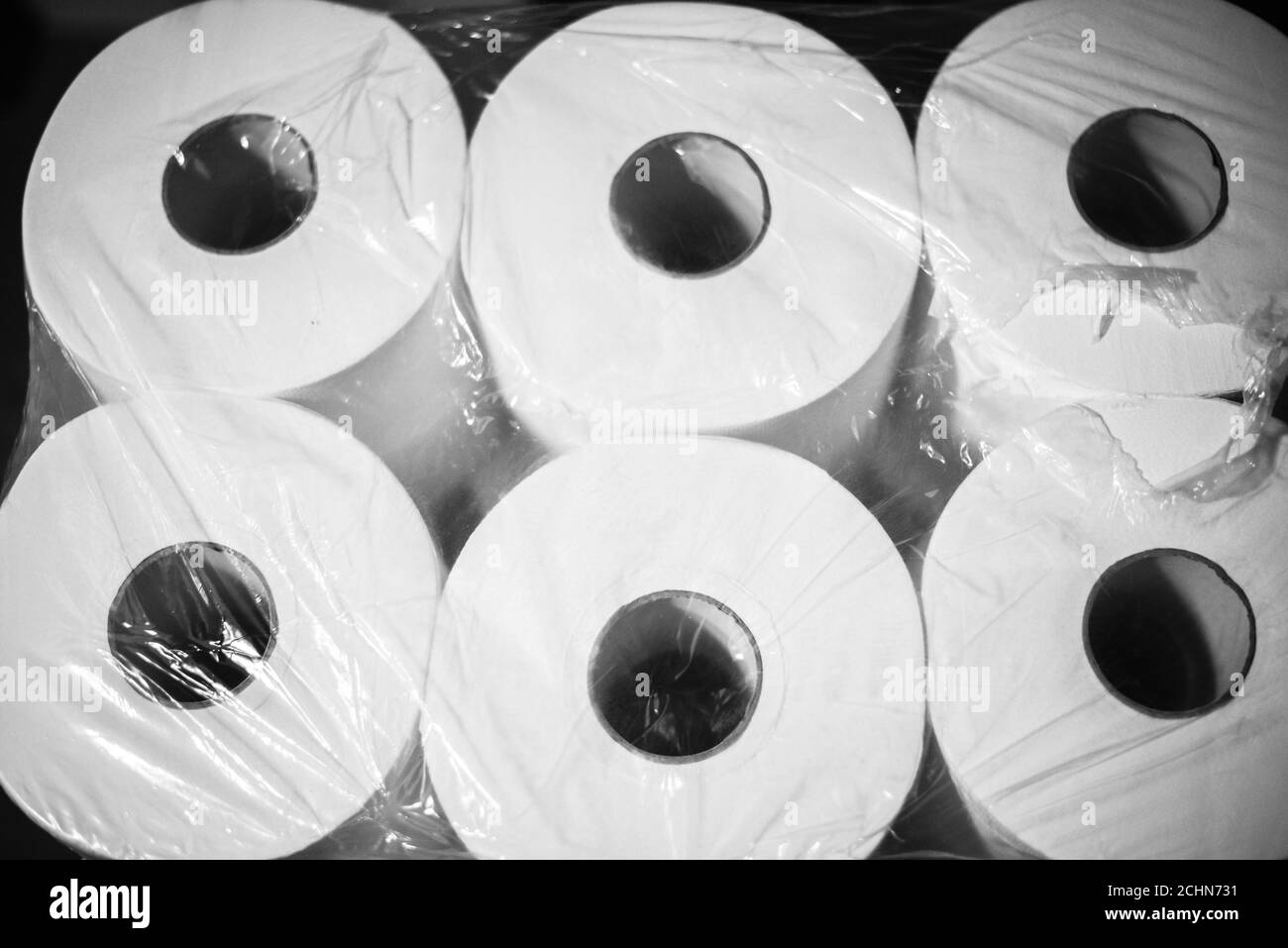 Vista dall'alto di diversi rotoli di carta rotondi imballati in plastica in una fabbrica moderna, concetto di produzione e riciclaggio, spazio di copia Foto Stock