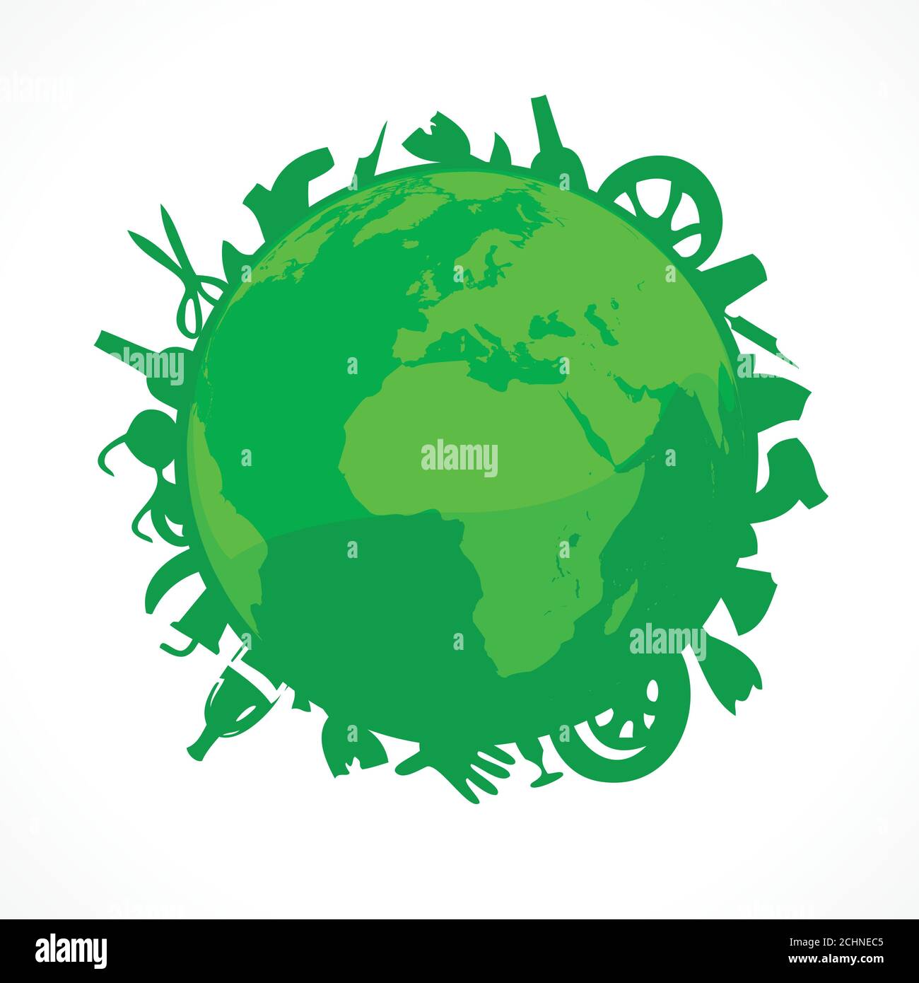 Bionomia del logo vettoriale terrestre. Segno ambientale. Icona del mondo verde organico vettoriale. Problema di ecologia inquinamento. Simbolo verde naturale del globo con molto Illustrazione Vettoriale