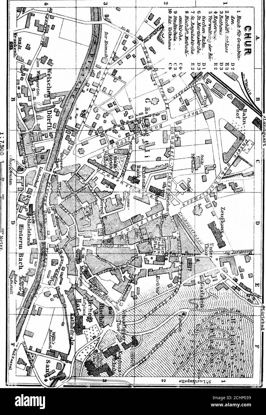 . Svizzera: E le zone limitrofe d'Italia, Savoia e Tirolo : manuale per i viaggiatori . Buon vino, dalle cantine epis-copali, alla Hofkellerei (sala del 1522), a sinistra nella Corte Episcopale (vedi pag. 403), e a Jttrimanns, Kornplatz. Ufficio postale (PI. D, 2), Graben-Str., a 5 min. Dalla stazione. Le Alpinediligences iniziano qui (coimp. Pp. 405, 417). Bagni (nuoto e altro) a Willis, sul Plessur (PI. F, 4; 50 c). Servizio della Chiesa Inglese presso la Chiesa Protestante Svizzera. Ufficio di inchiesta presso Manatschal, Ebner, &lt;fc Co*., Post-Str.. Coire, Germ. Coira (1955; pop. 12,116; 2 Foto Stock