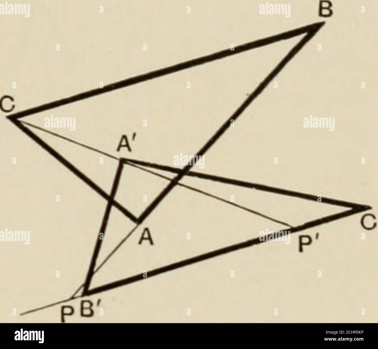 . I principi della geometria proiettiva applicati alla linea retta e ai coniugi conici di ^j^i e A«Bo, cioè i doppiamente elementi dell'involuzione che essi determinano. Teoremi relativi a due conie 269 (Art 48) nel caso (1) questi punti sono reali, (2) questi punti sono punti immaginari coniugati, (3) questi punti sono reali, „ (4) questi punti sono reali. „ nel caso (2) le conie si intersecano in due punti reali e in due punti immaginari. Due conie ivhich intersecano in quattro punti distinti possono avere solo un triangolo autoconiugato con onecomcon. Se possibile, ABC e ABC siano due comuni autoconiugatetriangoli. Th Foto Stock