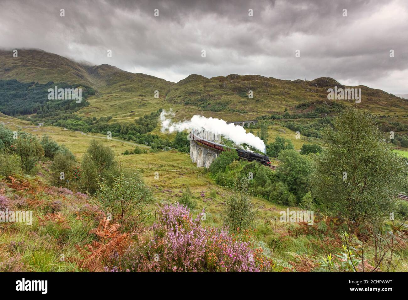 Il famoso treno Jacobita che viaggia sul viadotto Glenfinnan Scozia Foto Stock