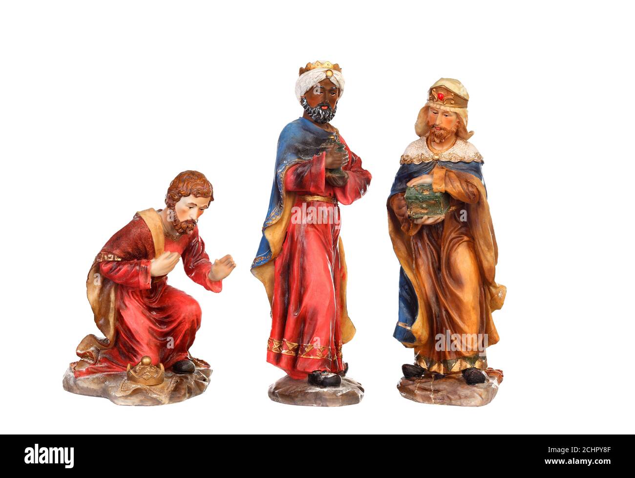 I tre saggi. Le figure in ceramica isolata su sfondo bianco Foto Stock