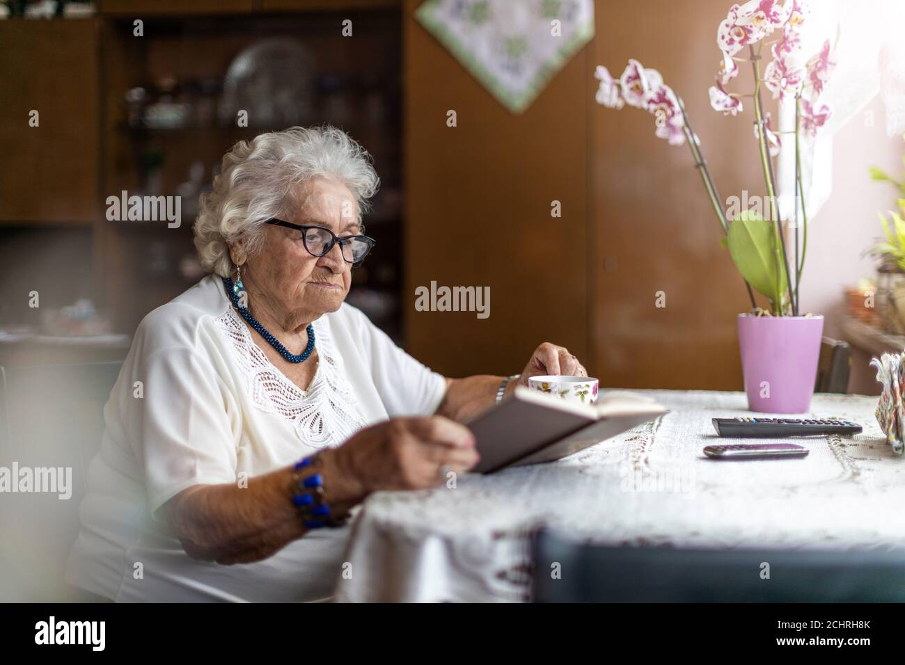 Ritratto di una donna anziana a casa sua Foto Stock