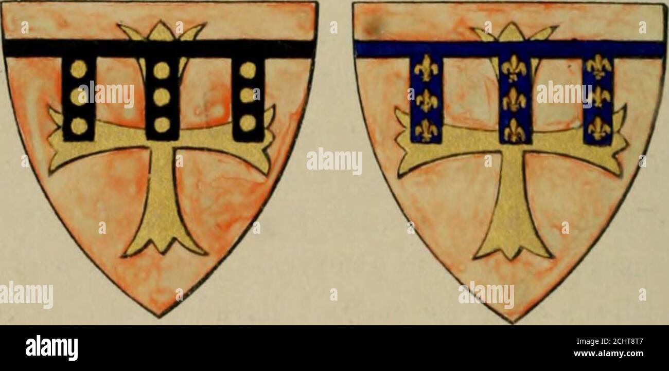 . Eraldica, storica e popolare . LXXIV. (Garter-Plate ; e Ottone nella Cattedrale di Exeter.) Un altro lahel di Courtenay è, az., guttee dor; ed i figli di Thomas, quinto conte di Devon, che sposò Margaret de Beau-Fort, differenza con un labd e un arteico arteico arteico arteico e az.(vedi No. 479, PI. XXXII.: Vedi anche scudi Canterbury; Harl.M.S. 1366; guarnizioni; rotolo di E. II, &c.) I Latimymers hanno un altro piccolo gruppo di etichette, che theycharge come segni distinti di cadenza sullo stesso schermo. Wil-liam LE Latymer (Caer. Roll), orsi, GU. Una croce patonce o. Nell'Eollo di E. II., un altro William le Laty Foto Stock