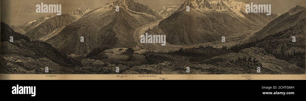 . Svizzera: E le zone limitrofe d'Italia, Savoia e Tirolo : manuale per i viaggiatori . AIG de la Rep^Nque Aie de Blajtiere Mt Mallet Gi-ands-Uianiuz 352u AiAduPlaii 344Z ■A, Aig du GouUrAie- du Midi Mont Blanc Dome du Gouter 3843°3843 4810 4331 Pmntede Tricot MtJoli2828 2527 Brevent2525. GL- dArgentiere LA CHAINS MJ Molf BLA1€ iui m la FLEGSRE. u 877 ml piano delAiguille. OHAMONIX. Mappa, pag. 318. V.R. 75. 325 3^2 fr-j anche stanze), fino a -quale punto di cavalcata è praticabile (mulee attendant, 14 ir.; il briglia-sentiero va via, il col duBrevent e il col dAnterne a Sixt, vedi pag. 311). Foto Stock