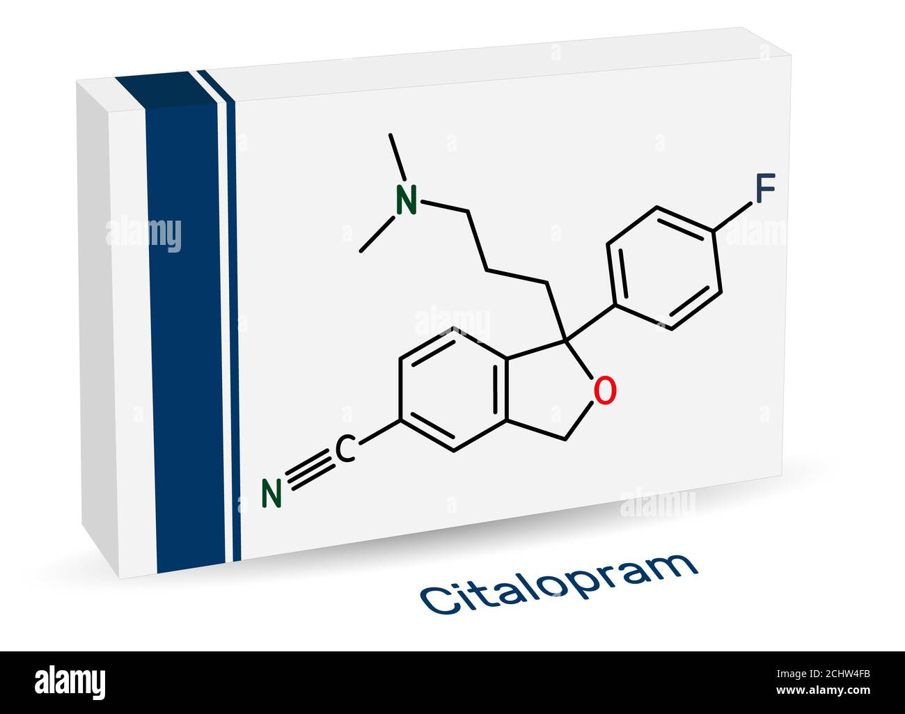 Citalopram, molecola C20H21FN2O. È antidepressivo, la classe di inibitori selettivi della ricaptazione della serotonina (SSRI), è ampiamente usata per trattare i sintomi di depres Foto Stock