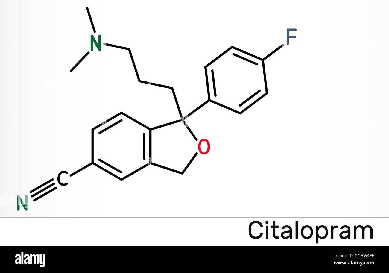 Citalopram, molecola C20H21FN2O. È antidepressivo, la classe di inibitori selettivi della ricaptazione della serotonina (SSRI), è ampiamente usata per trattare i sintomi di depres Foto Stock