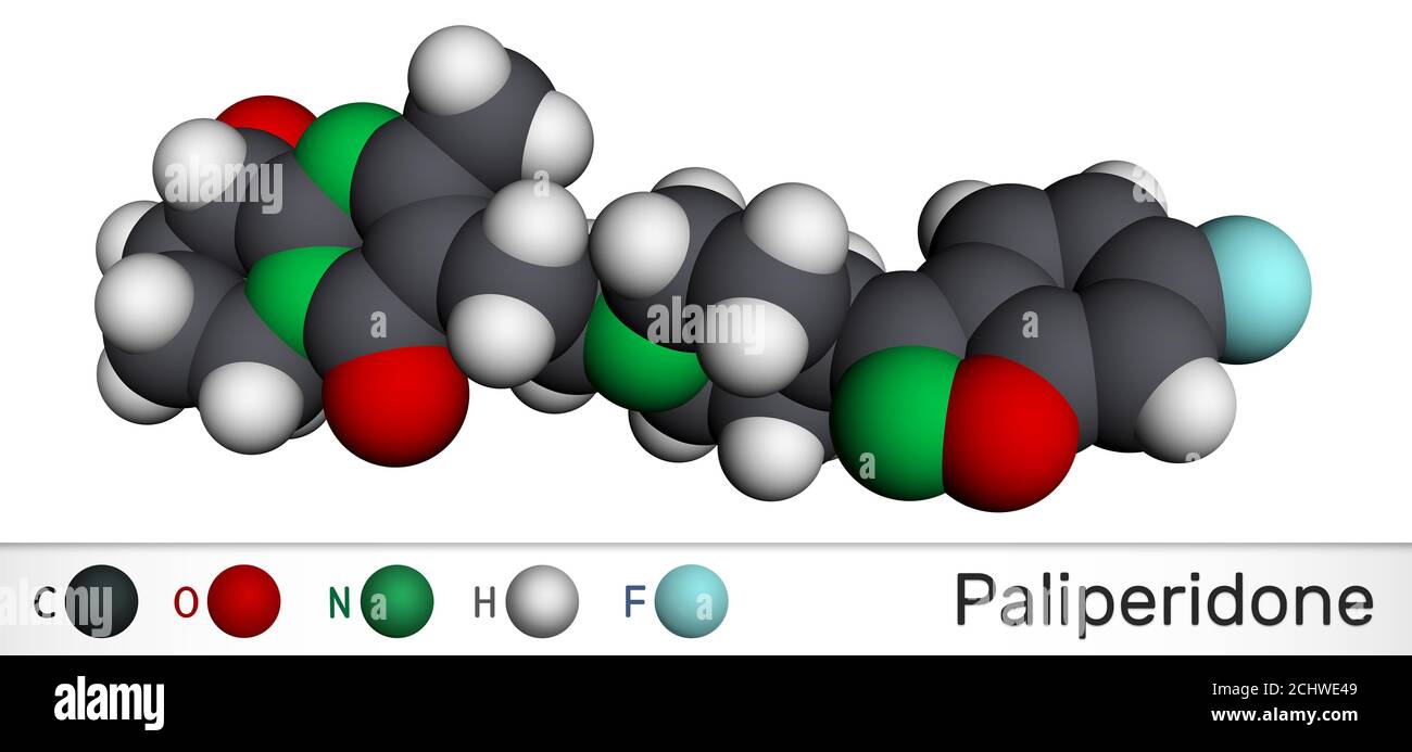 Paliperidone, molecola di 9-idrossirisperidone. E' un antipsicotico atipico che viene usato nel trattamento della schizofrenia. Modello molecolare. Re 3D Foto Stock