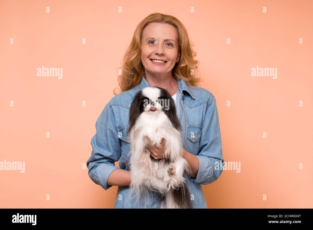 donna caucasica che regge e conforto carino cane giapponese mento Foto Stock