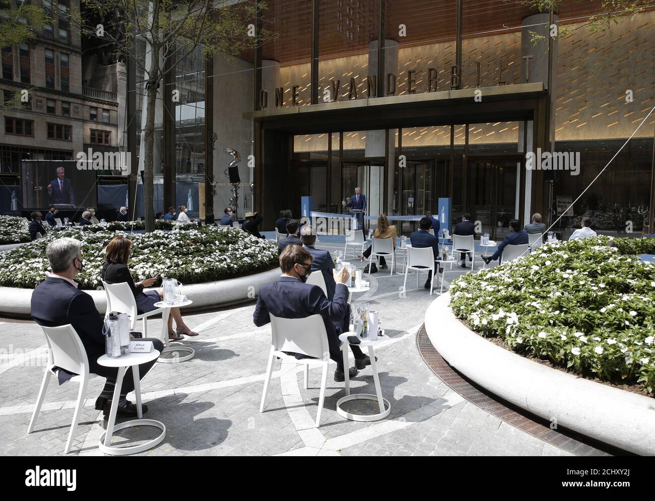 New York, Stati Uniti. 14 Settembre 2020. Bill de Blasio, sindaco di New York, parla al One Vanderbilt Skyscraper Grand Opening a New York City lunedì 14 settembre 2020. One Vanderbilt è la torre più nuova e panoramica di New York e presenta una serie di miglioramenti alle infrastrutture pubbliche all'interno e nei dintorni del Grand Central Terminal. Foto di John Angelillo/UPI Credit: UPI/Alamy Live News Foto Stock