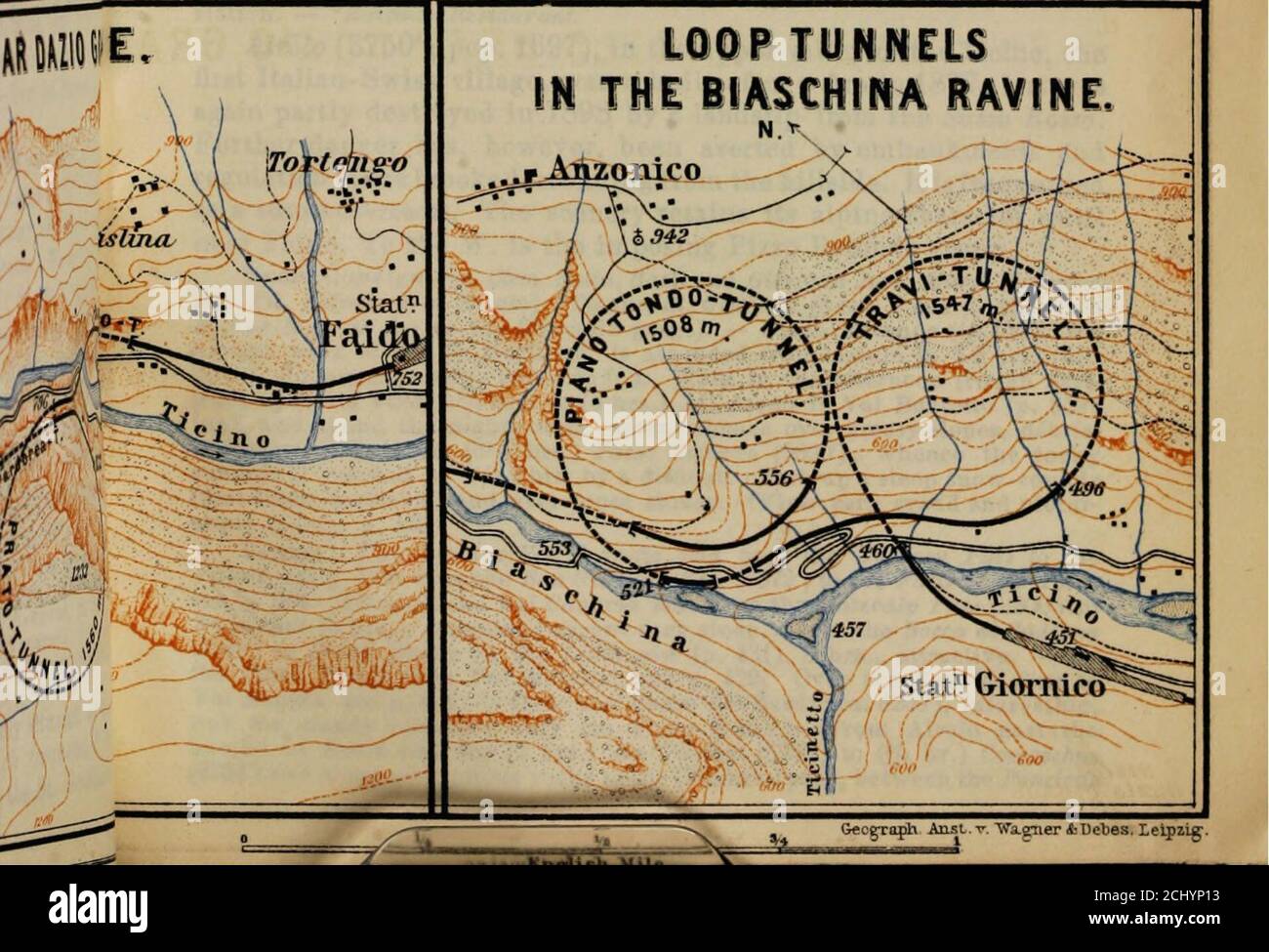 . Svizzera: E le zone limitrofe d'Italia, Savoia e Tirolo : manuale per i viaggiatori . LOOP TUNNELSIN IL BURRONE BSASCHIRA.. TOBELLIMONA. AIBOLO. Mappe, pp.362,4-28. II.R.32. 133 (p. 137) e il Furka (p. 144). Nel cimitero è un monumento(1889), di Andreoletti, a Luigi Favre, l'ingegnere del tunnel di San Gott-hard, morto nel tunnel il 19 luglio 1879. Al Goschenen-tal (3 ore fino all'Alp Goschener), vedi pag. 137. – il Kienzen-Stock (96213), asceso in 4-5 ore. Da Goschenen via theHimental (guida necessaria, 25 fr.), comanda una vista magnifica. Oltre la stazione il t Foto Stock