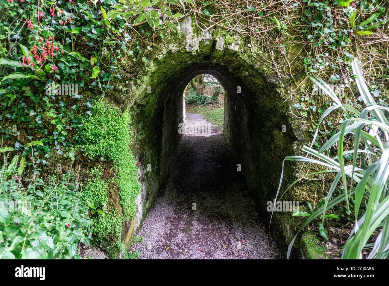 Un arco giardino in pietra coperto di muschio e edera sotto una strada che conduce in un'altra parte del giardino. Foto Stock