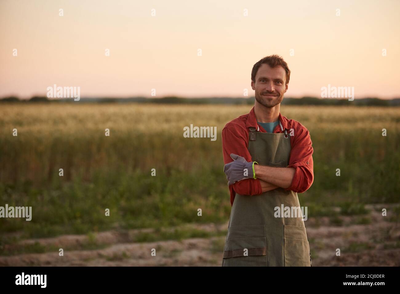 Vita in su ritratto di giovane agricoltore che posa con sicurezza con le braccia incrociate mentre si trova in campo al tramonto e sorridendo alla macchina fotografica, copia spazio Foto Stock