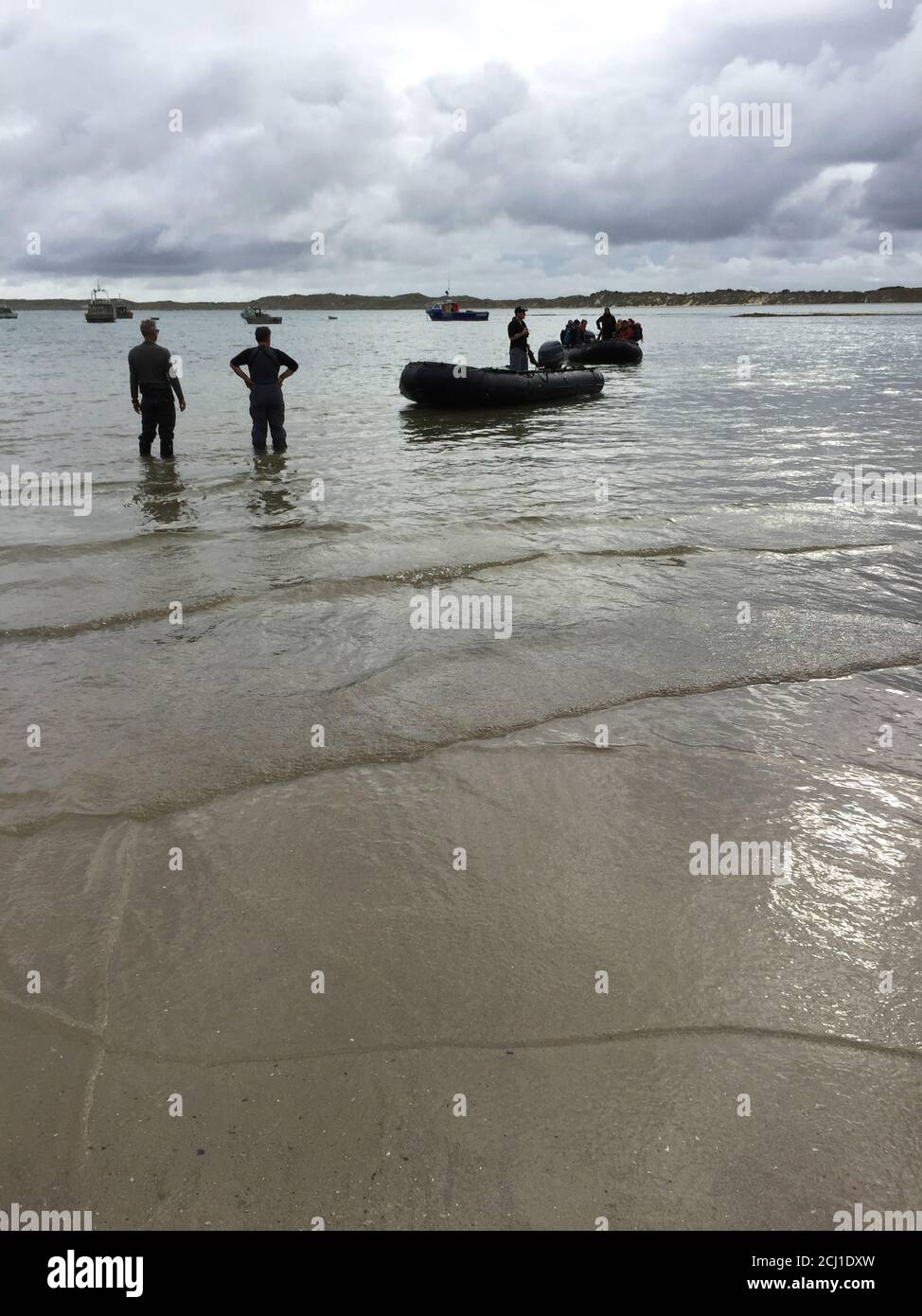 Zodiak atterrando sulle rive delle isole Chatham, turisti che ottengono della spiaggia con spedizione nave da crociera per l'ancoraggio nella baia (in background, Foto Stock