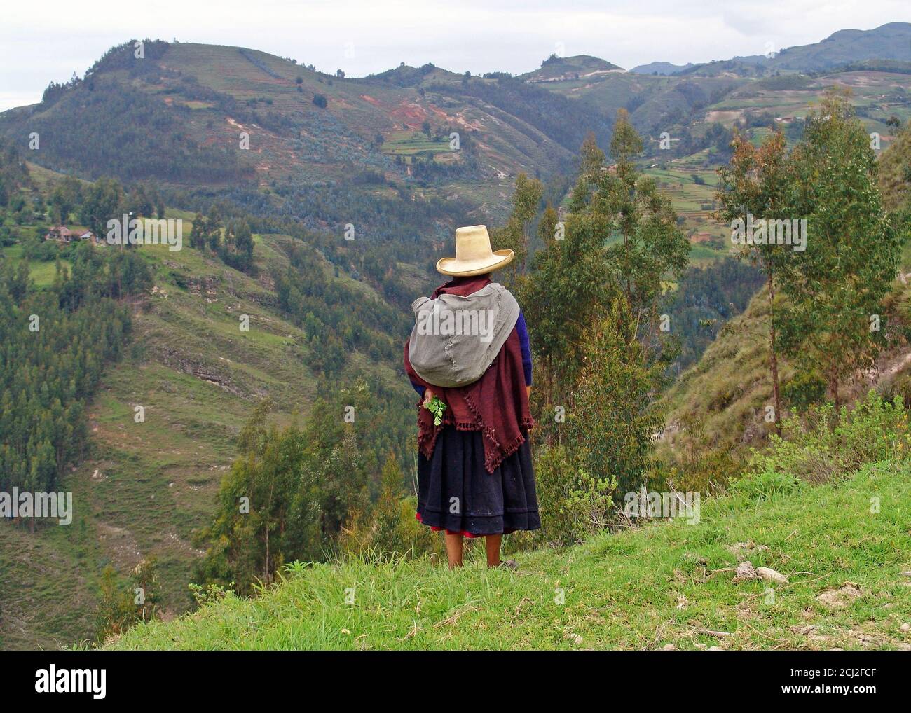 Donna indigena quechua che guarda l'orizzonte nella catena montuosa delle Ande, Cajamarca, Perù. Foto Stock