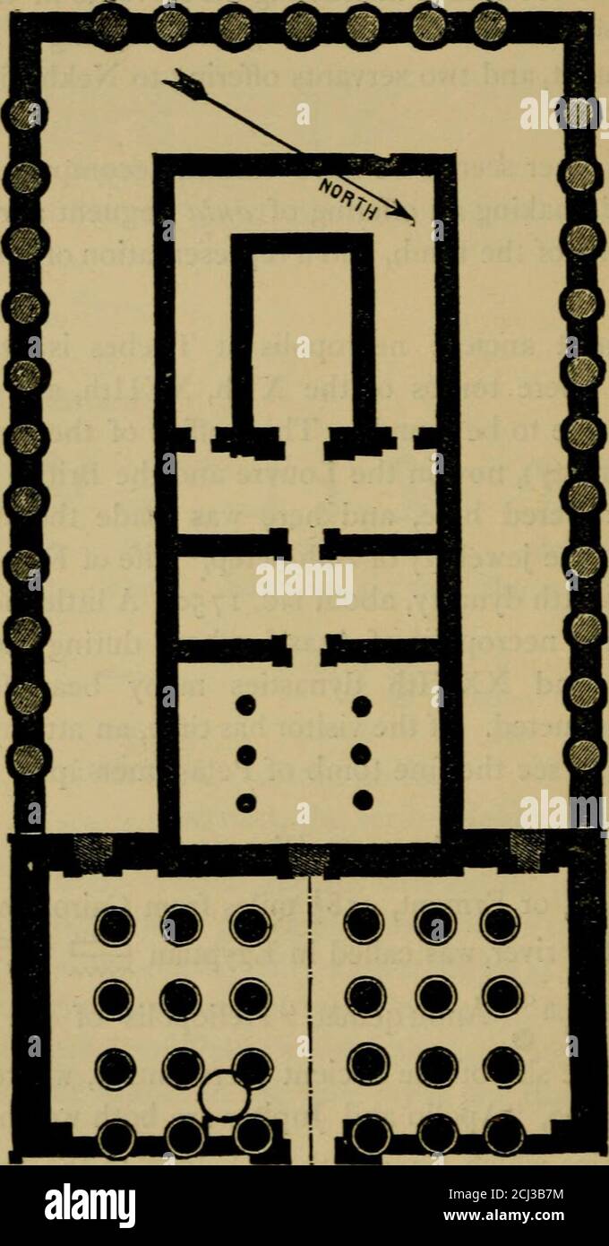 . Il Nilo. Note per i viaggiatori in Egitto. Bars dei re Antef (Xlth dinasty), ora nel Louvre e nel British Museum, sono stati scoperti qui, e qui è stato fatto il miracoloso dei gioielli di Aah-Hetep,* moglie di Karnes, un regno della XVIIth dinasty, circa b.c. i 750. Un po' più a sud è la necropoli di Asasif, dove durante le dinastie XlXth, XXIInd e XXVI furono costruite molte belle tombs. Se il visitatore ha tempo, un tentativo shouldbe fatto per vedere la bella tomba di Peta-Amen-apt. Armant (Erment).Armant, o Erment, a 458^ miglia dal Cairo, sulla westbank della riviva Foto Stock