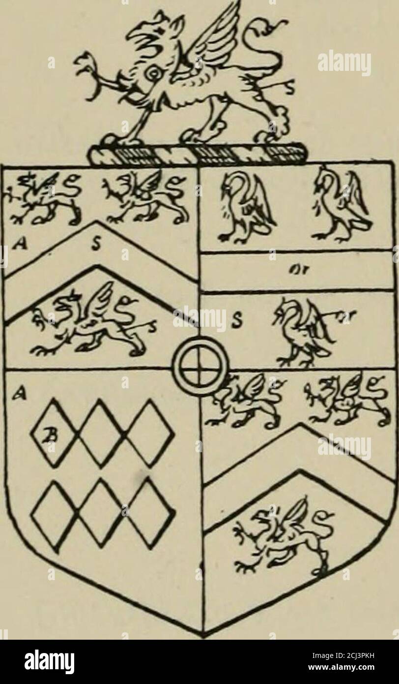 . Le visite della contea di Sussex fece e prese negli anni 1530, Thomas Benolte, Clarenceux re delle armi; e 1633-4 da John Philipot, Somerset Herald, e George Owen, York Herald, per Sir John Burroughs, Garter, e Sir Richard St. George, Clarenceux . dfilmer. [Z&gt;. IS, so.- S Edward Filmer of=Feliz : da. Di Rich : Est Sutton in Com.Kent, KNT. Argall di East Sut-ton, Ar. S Robert Filmer of=Panne da, & coh. Di MartinEst Sutton, Kn*. Heton, BP. Di Ely. S-- Edward Filmer di Est Sutton, Kn*. 1663. {Nessuna firma.) [Per la parte precedente di questo pedigree vedi Visitation of 1G19, Harl. Foto Stock