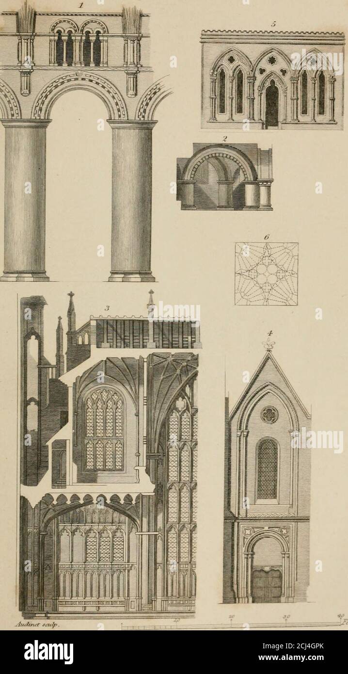 . Enciclopedia delle antichità : ed elementi di archeologia, classica e mediæval. Nel thir-quindicesimo, come osserva Bentham, essi sommano l'alta forma moderna ; ed è certo, che uno costruito di altezza equalto il tetto della chiesa è chiamato moda thenetv, nei Miracoli di S. Ber-tin. Le figure di grinning per i beccucci, che si dice siano state inventate da Mar-chion di Arezzo, architetto di papa in-nocenzo III che morì nel 12G2,p aremeramente le maschere teatrali per il tuono che si verificano a Pompei. Lo stile appuntito o Gotick. L'arco di TheLancet è la forma più antica di Foto Stock