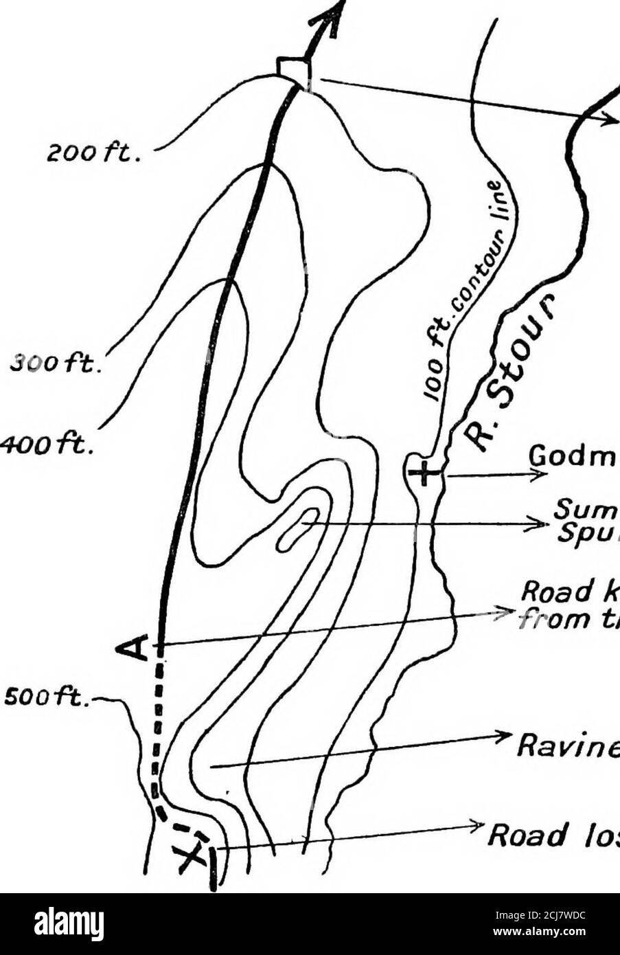 . La vecchia strada . ° della cresta. Lo schizzo che lo accompagna spiegherà volentieri la questione. Sapevamo dalle ricerche di altri che la strada la j^jy Ordnance mappa di Kent (lv. 10) mi sembra di commettere un leggero errore a questo punto. Non c'è bisogno di prendere la vecchia strada attraverso i impianti a gas. Si evita a sud del Lodge, si ricci verso nord lasciando il parco, e si perde negli edifici vicino al maledetta. Dopo di che forma la corsia che delimita a nord i fieldmarked 111 e 119. ^ Ecco di nuovo l'Ordnance da 25 pollici per Kent (lv. 10) disegna una linea retta convenzionale che ci sembrava errone Foto Stock