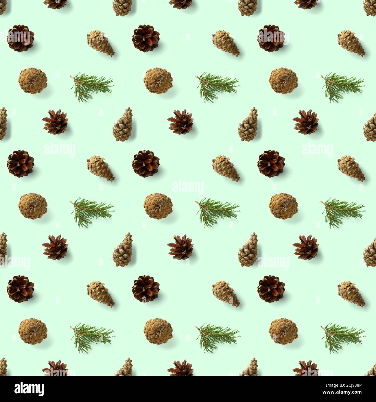 Natale senza cuciture con coni di pino sughero vino e lingonberry. Modello natale senza cuciture su uno sfondo verde. Collage fotografico realistico. Foto Stock