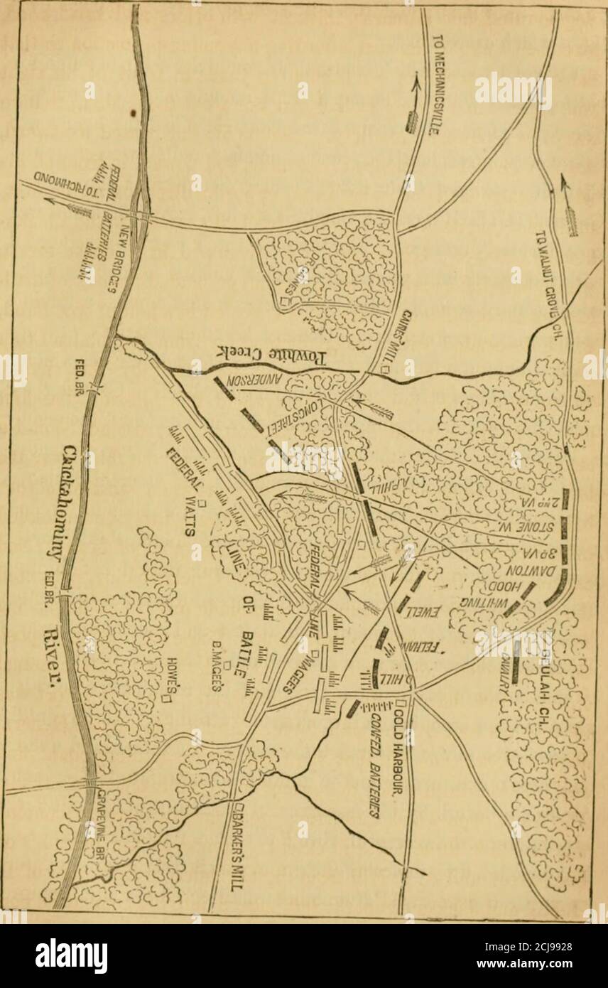 . Vita e campagne di Lieut.-Gen. Thomas J. Jackson, (Stonewall Jackson) . è stato incoronato con numeron.7batteries, che ha schermato dalla stretta zona di alberi, commandedevery avvicinarsi alla posizione. Infine, un certo numero di pesanti, fucledcannon sulle alture a sud del Cliickahominy, protetedthe estrema sinistra, e minacciato di arruolarsi qualsiasi truppe adventancuigattraverso il paese aperto per l'attacco. Queste formidabili disposizioni sono state rivelate ai Confederati solo dal loro actualonset, in modo che la manovra è stata esclusa, e l'unica risorsa wasto coraggio testardo e forza principale. Ed è stato solo su GE Foto Stock