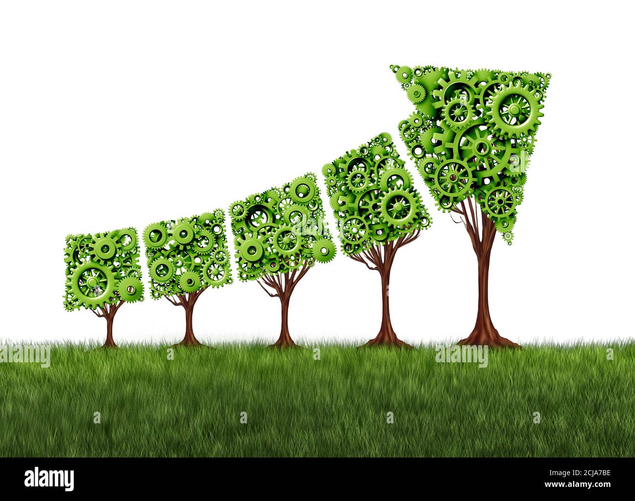 Grafico di economia grafico di crescita e concetto di sviluppo agricolo come un gruppo di ingranaggi alberi uniti insieme come una freccia che punta verso l'alto come un successo. Foto Stock