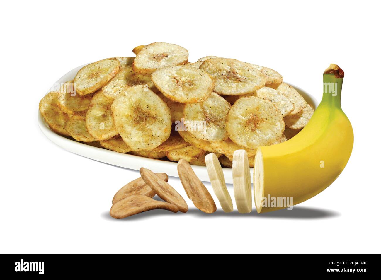 Cialde fritte, chip o wafer Kela o Banana sani, disidratati, cucina Kerala fritta in olio, fette di Banana trasformandosi in chip Foto Stock