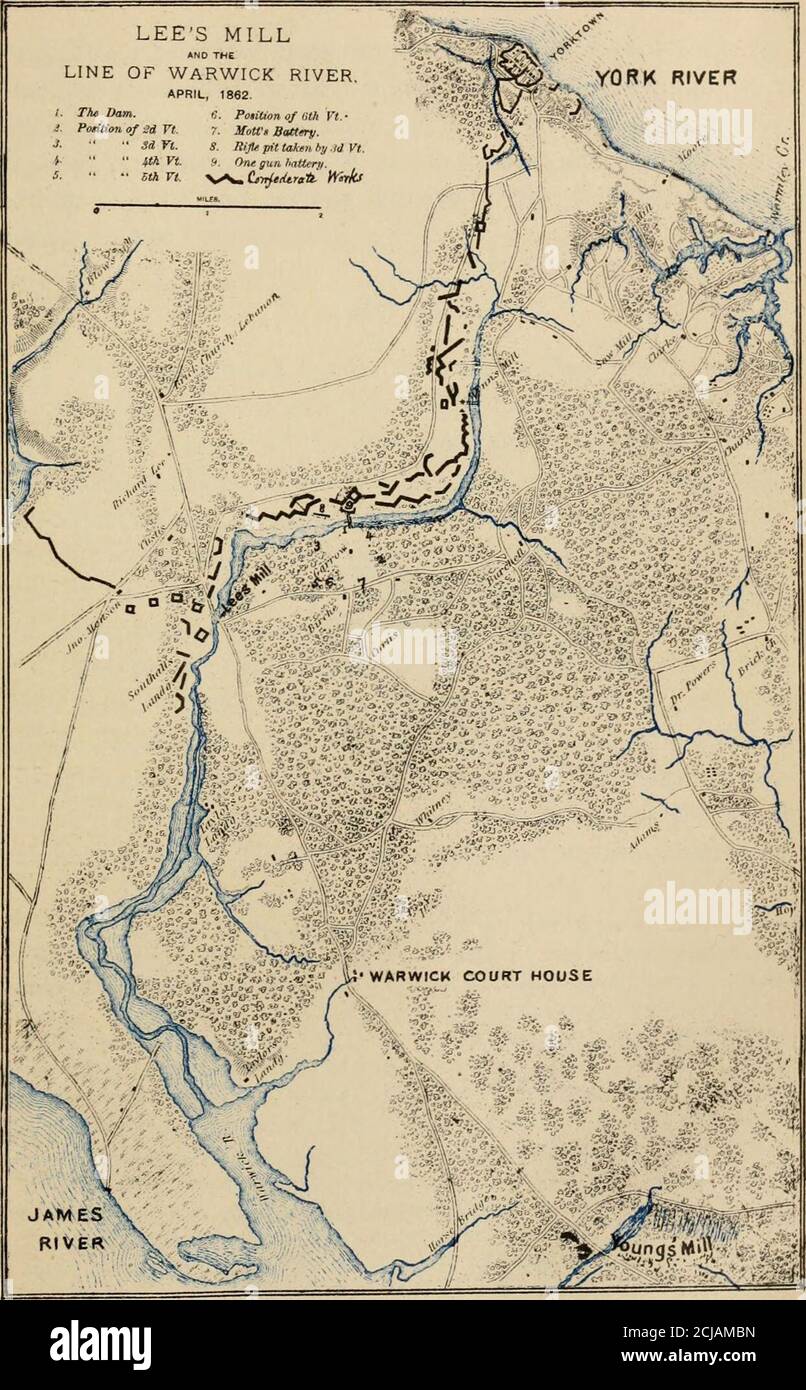 . Vermont nella guerra civile. Una storia della parte dei soldati e dei marinai del Vermont nella guerra per l'Unione, 1861-5 . una buona parte della notte; e c'era poco sonno nelle file.prima dell'alba gli uomini potevano sentire distintamente il reveille nei campi di teenemys; E alcuni dei pickets potrebbero persino sis-tinguish le chiamate rotative delle aziende confederate. Il giorno seguente, domenica 6 aprile, gli skirmishers si allontanarono l'uno dall'altro, i Confederati in fosse di fucile e i Federals ai margini dei boschi, e colpi occasionali dell'artiglieria Confederata si schiantarono attraverso l'albero t. Foto Stock