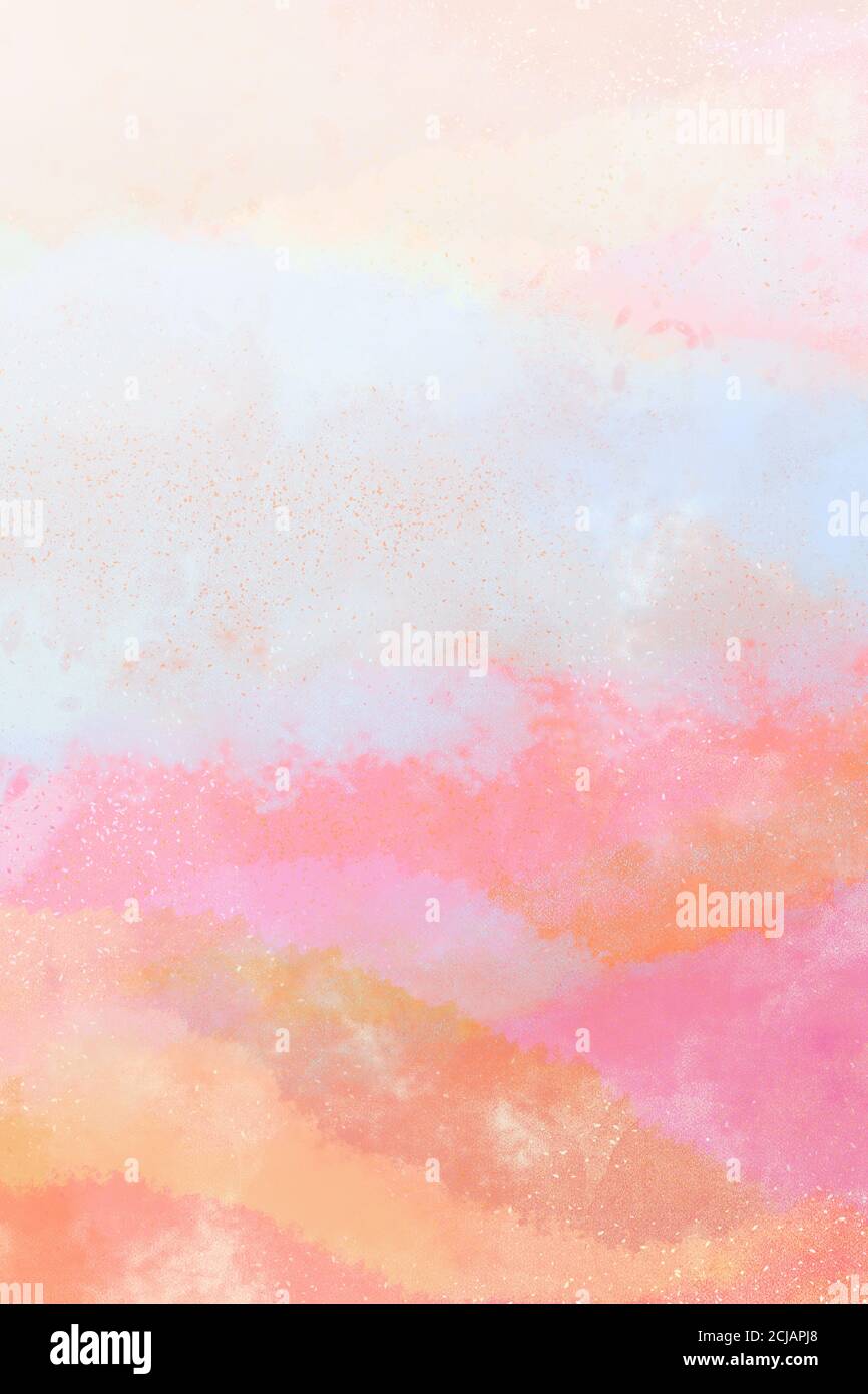 Sfumatura watercolor fondo texture, nebbia bianca su pastello arancio rosa e blu ondulato strisce dipinte, astratto modello copertina libro bianco Foto Stock