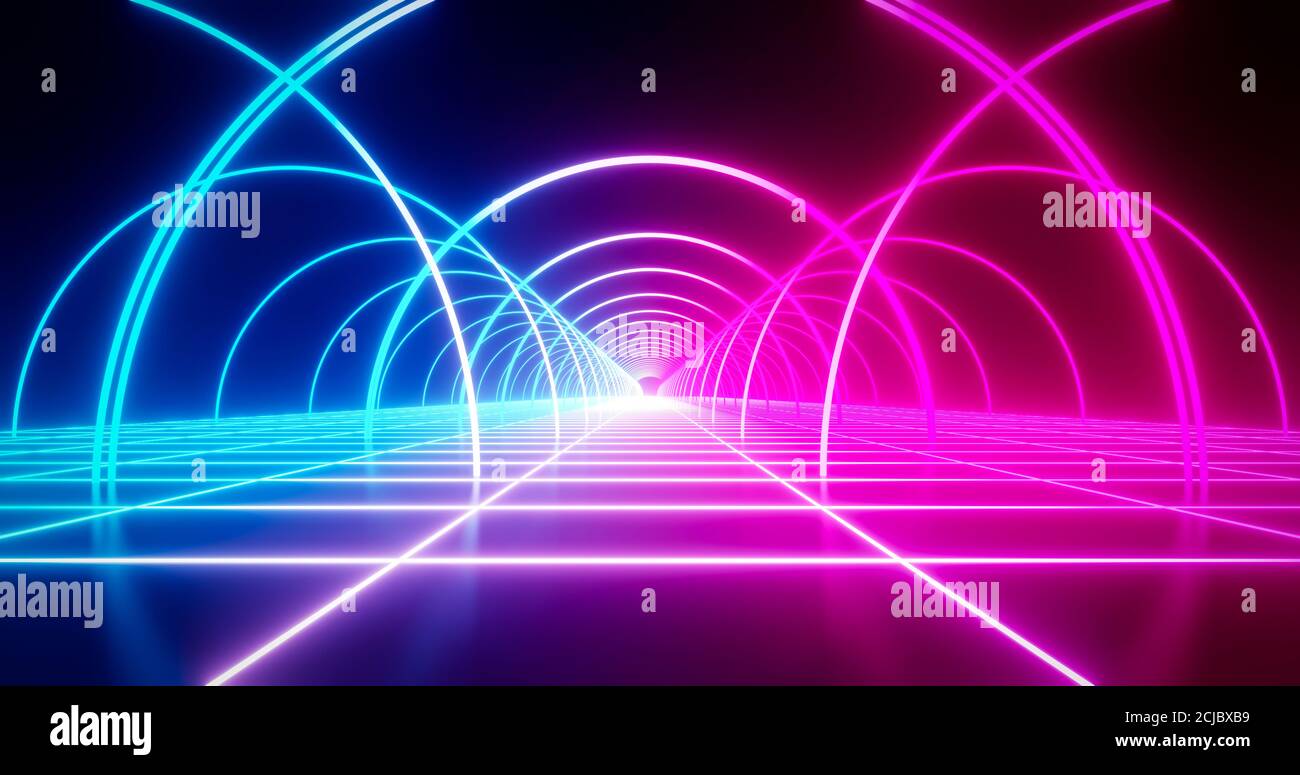rendering 3d sfondo retrò fantascientifico con anello al neon blu e rosa e pavimento a reticolo. Foto Stock