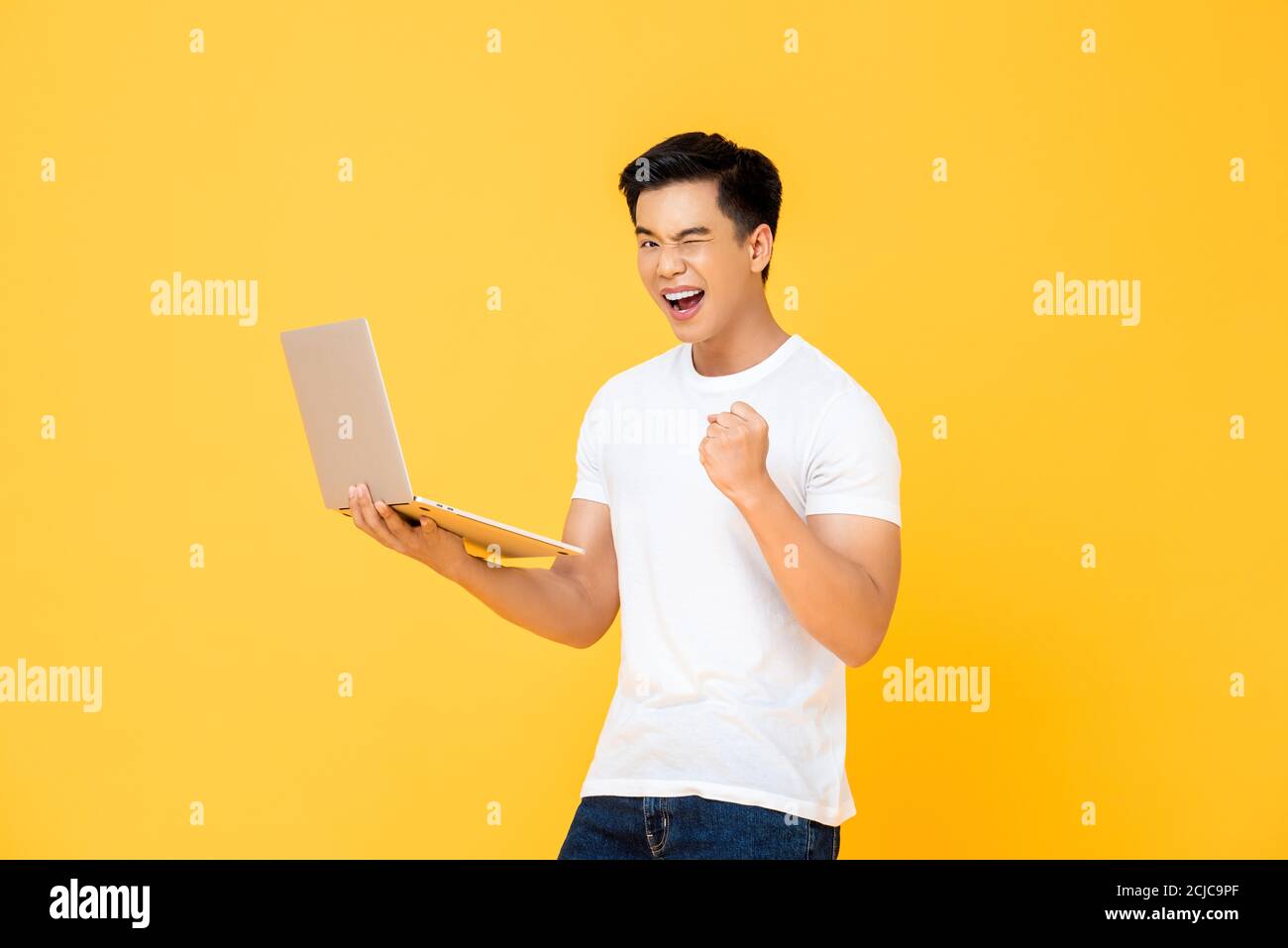 Ritratto di un giovane e sorridente bell'uomo asiatico che tiene un computer portatile mentre si fa un gesto di pugno chiuso vincente in studio isolato sfondo giallo Foto Stock