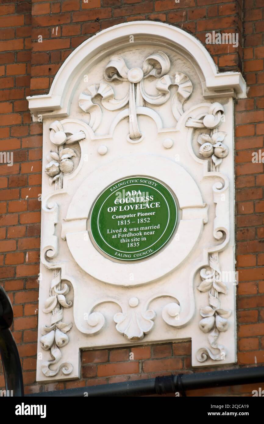 ealing civic society targa che segna la vicinanza a una casa e luogo di matrimonio del pioniere del computer ada lovelace, ealing, londra, inghilterra Foto Stock