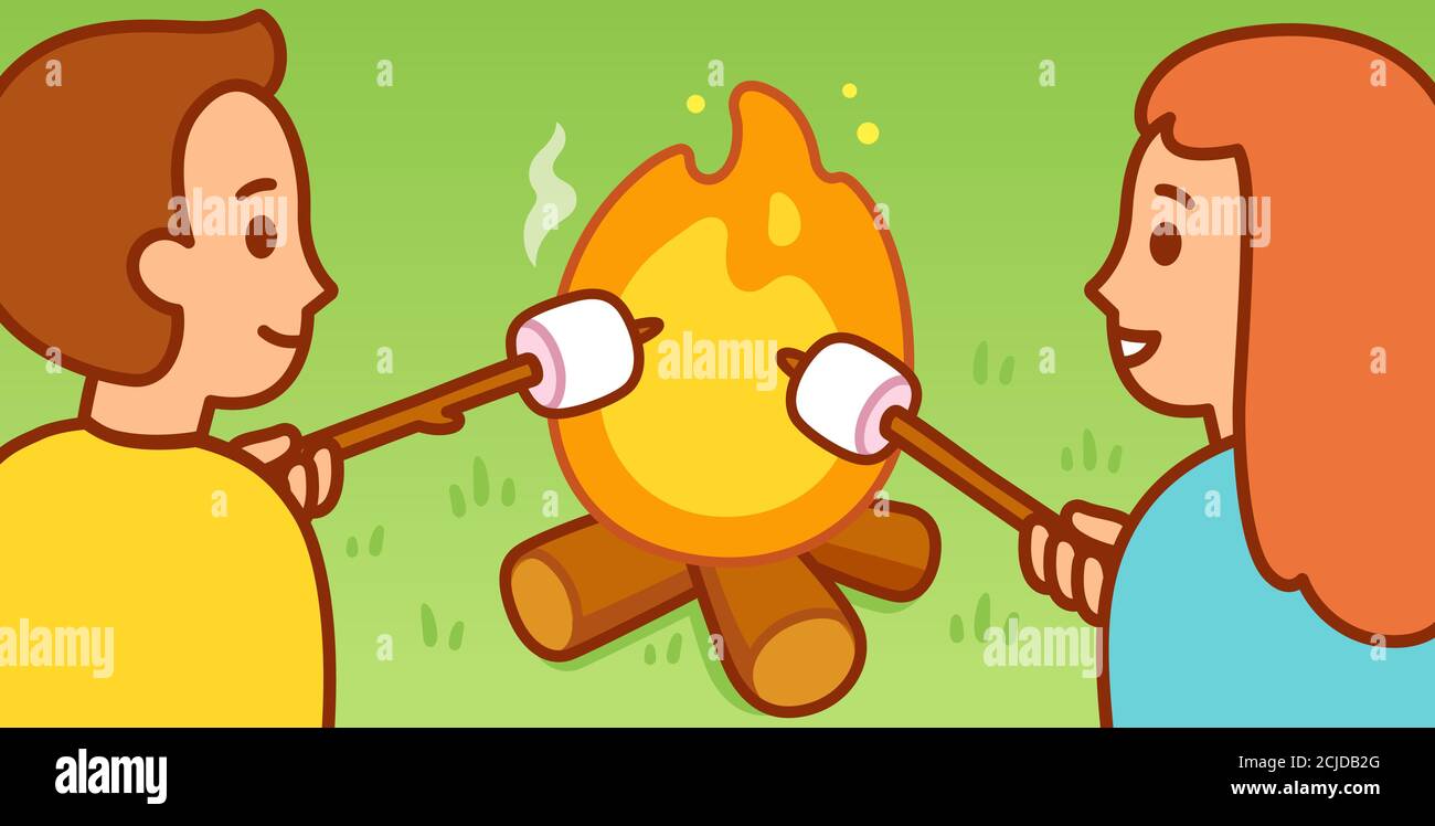 Carino cartone animato ragazzo e ragazza arrostire marshmallows da falò. Attività di campeggio estiva divertente. Immagine vettoriale clip art. Illustrazione Vettoriale