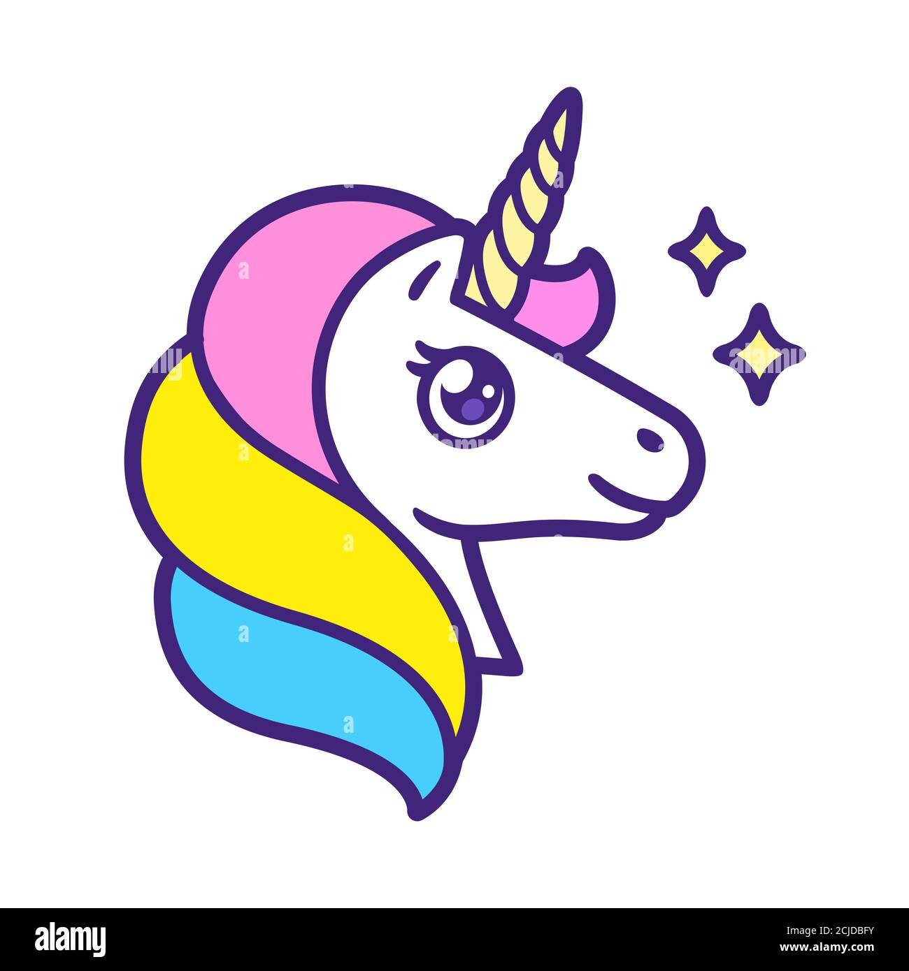 Testa unicorno cartoon con manie arcobaleno e scintille. Logo carino o stampa, immagine vettoriale isolata. Illustrazione Vettoriale