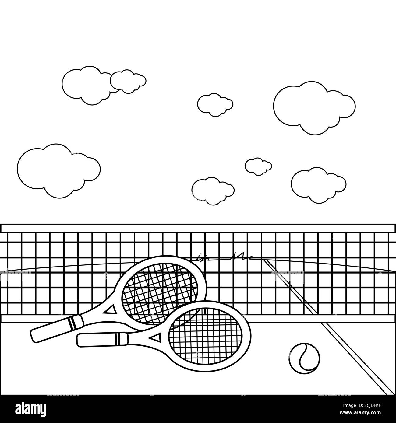 Racchette e palla da tennis al campo da tennis. Pagina del libro da colorare  in bianco e nero Foto stock - Alamy