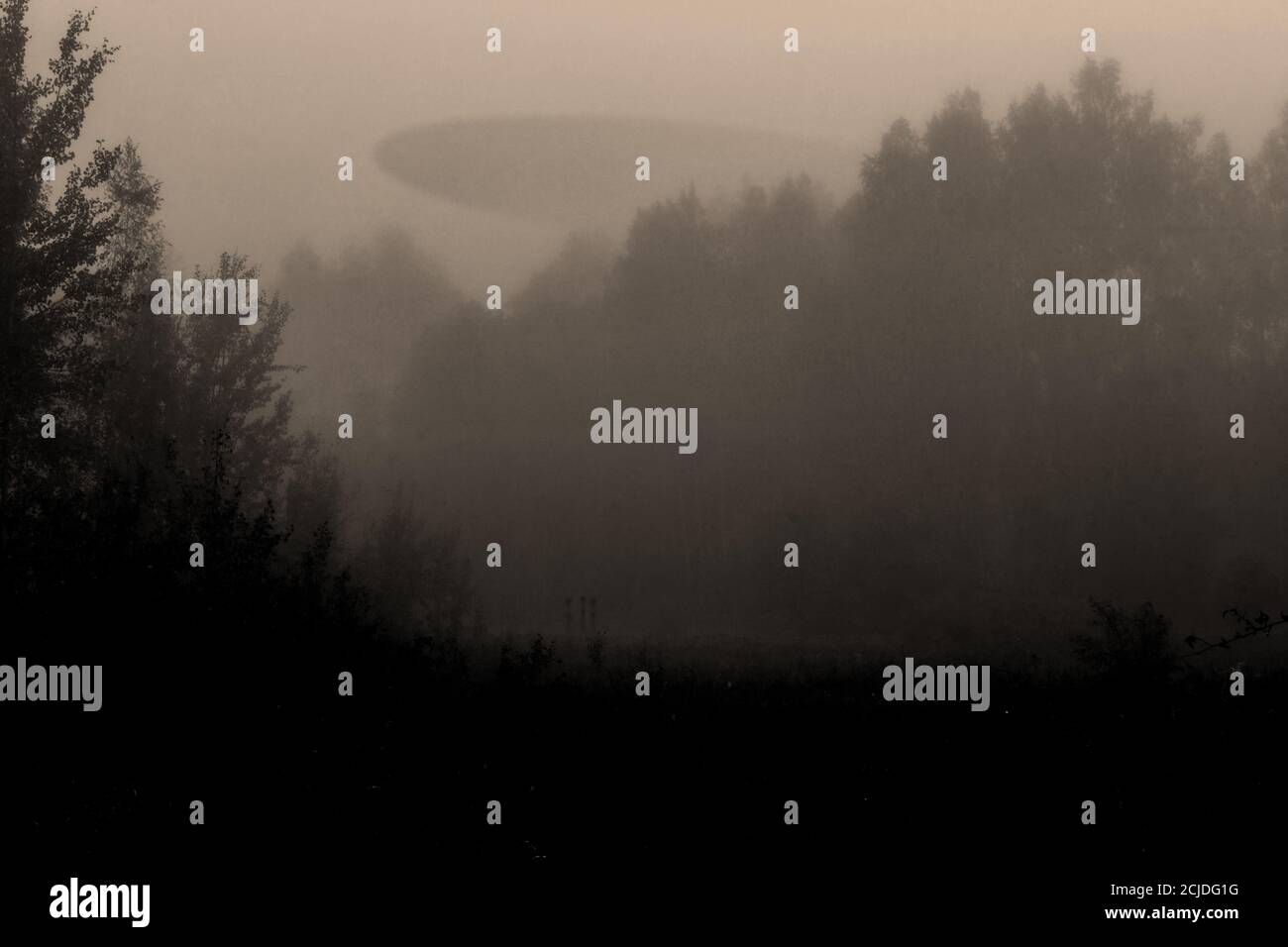 Composizione astratta di astronave aliena su foresta foggosa e sagome di figurine extraterrestre in prato durante la notte buia. Filtro a grunge vintage Foto Stock