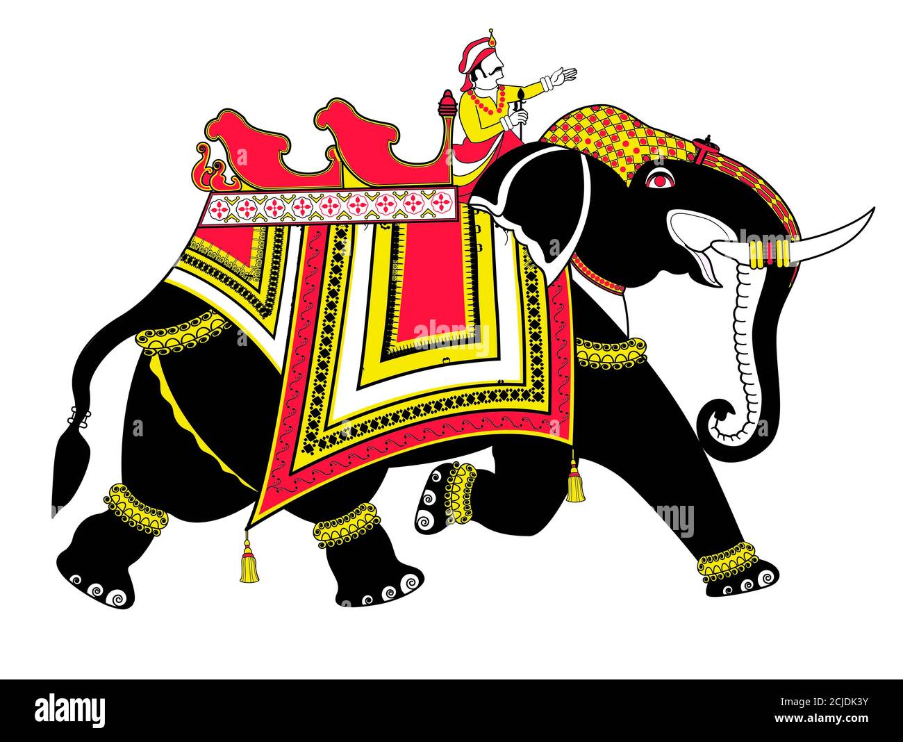 Elefante indiano con Re in cima per matrimonio Mat rosso Scopo del disegno vettoriale dell'illustrazione pura del tusk Foto Stock