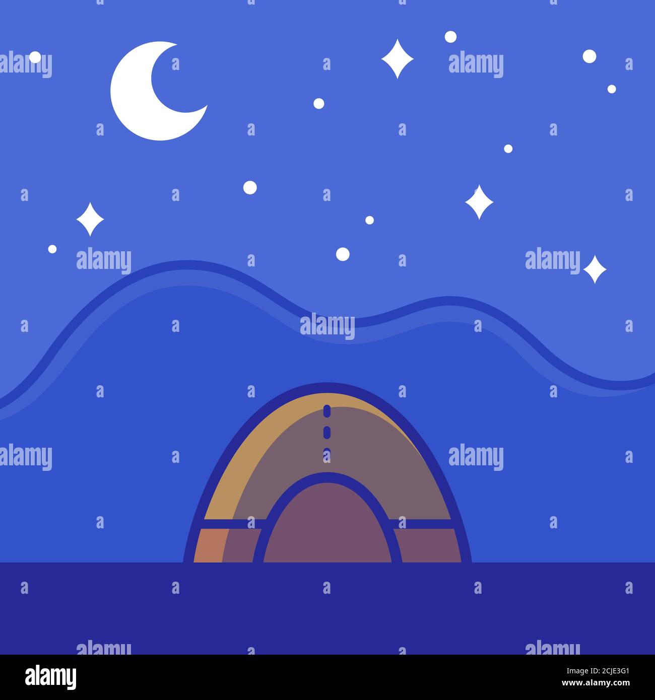 Tenda da campeggio sul paesaggio notturno, dormendo sotto le stelle. Illustrazione vettoriale di viaggio all'aperto in stile semplice cartoon piano. Illustrazione Vettoriale