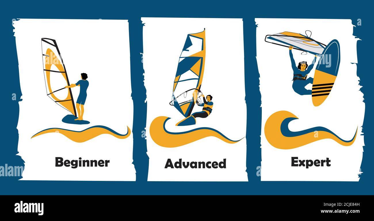 Livelli di abilità di windsurf. Surfer principiante a bordo con vela. Windsurfer avanzato nella progettazione. Esperto windsurfer - ondate raiding Illustrazione Vettoriale