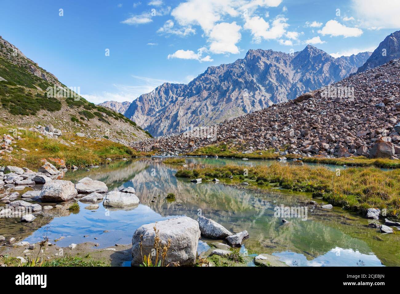 Idilliaco paesaggio estivo con sentieri escursionistici in montagna con bellissimi prati freschi di montagna, fiume con riflessi e nuvole. Foto Stock