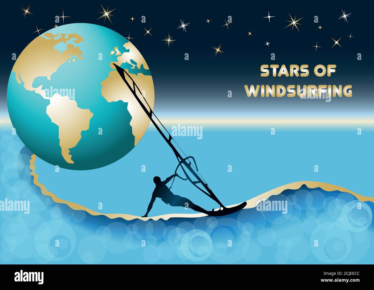 Illustrazione vettoriale sul windsurf. Fantasy spazio. Windsurfer cavalcare un'onda su uno sfondo del cielo stellato e la Terra Illustrazione Vettoriale