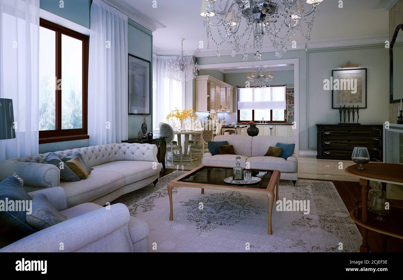 Cucina-soggiorno in moderno stile classico con mobili bianchi e pareti blu  chiaro. interni 3d Foto stock - Alamy