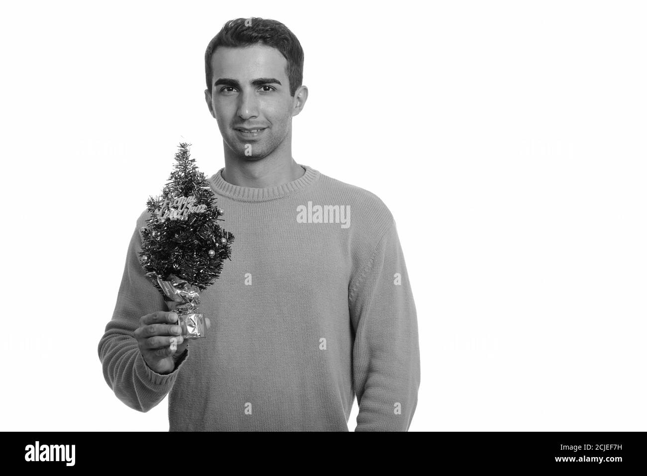 Giovane uomo iraniano felice che tiene l'albero di Natale allegro pronto per Natale Foto Stock