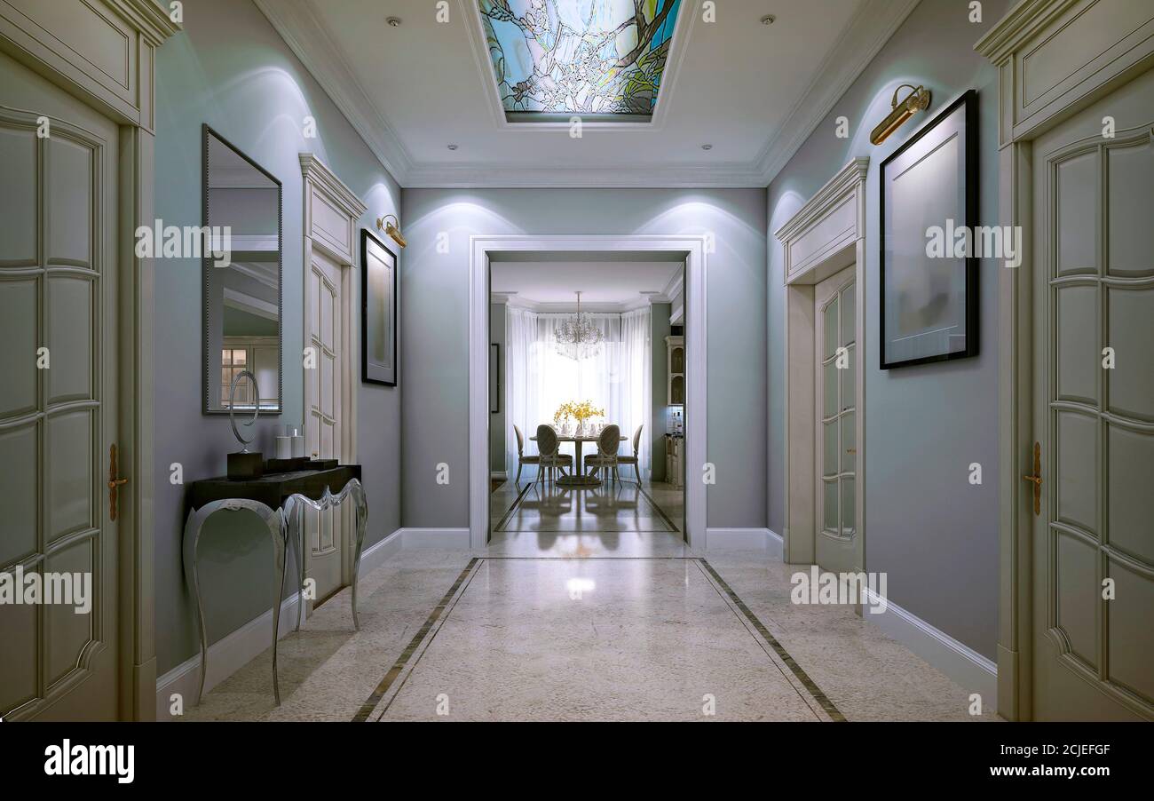 Corridoio di ingresso in stile classico con dipinti alle pareti e una console con decor. immagini 3d Foto Stock